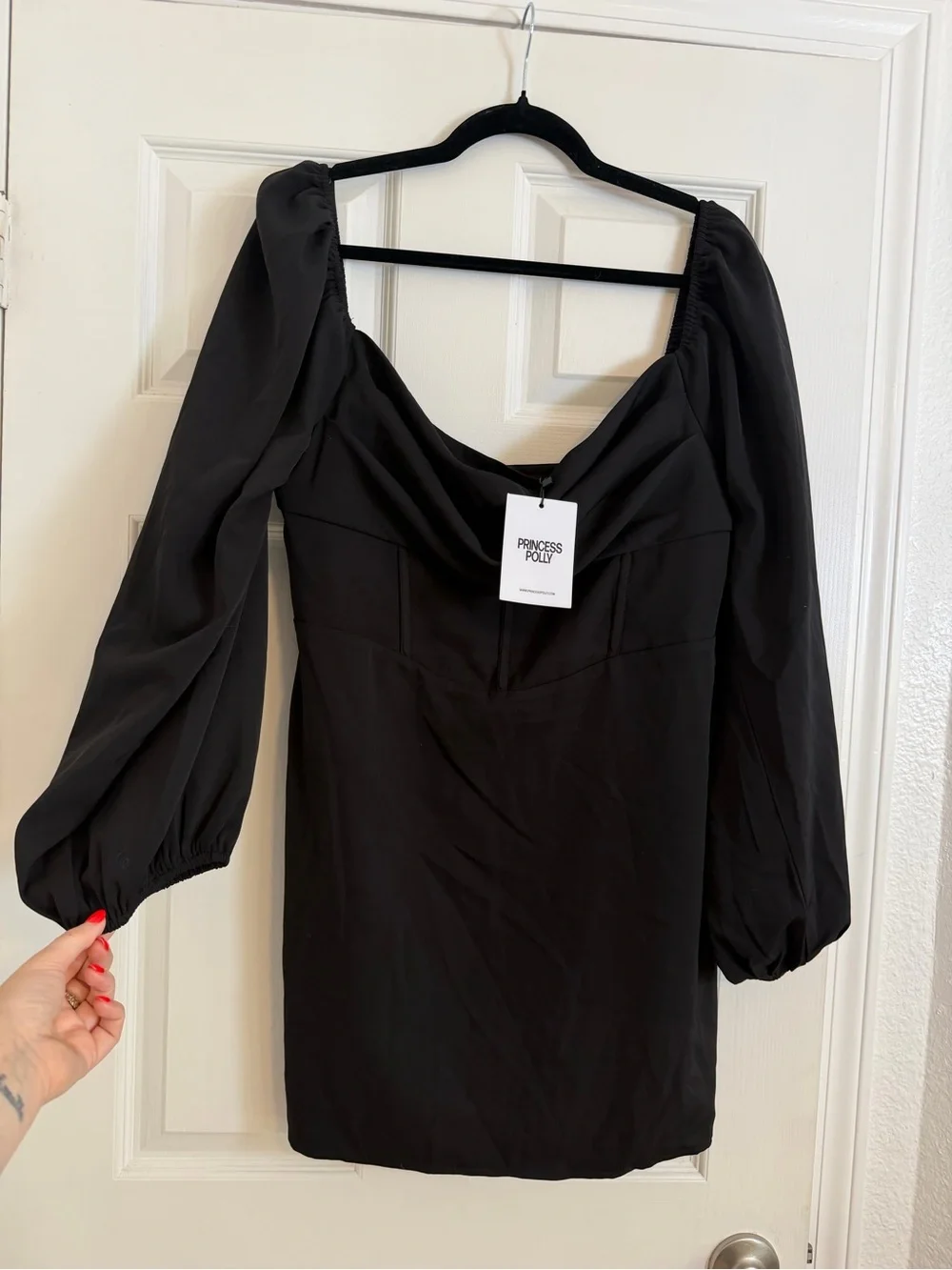 Princess Polly Lillie Long Sleeve Mini Dress Black NWT US 12 AU 16 Puff Sleeve - Picture 2 of 5